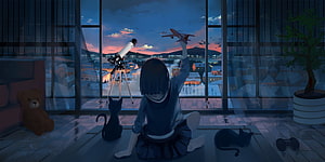 Anime Girl Watching Airplane Fly Over Snowy Town at Sunset HD wallpaper