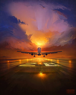 Digital Art of Airplane Taking Off at Sunset on Runway 25 HD phone wallpaper