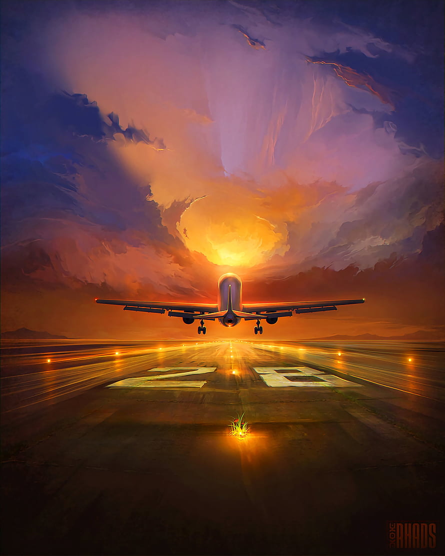 Digital Art of Airplane Taking Off at Sunset on Runway 25 HD phone wallpaper