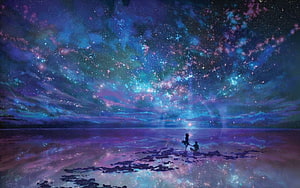 Two Silhouetted Figures Gazing at a Vibrant Cosmic Nebula Over a Reflective Ocean HD wallpaper