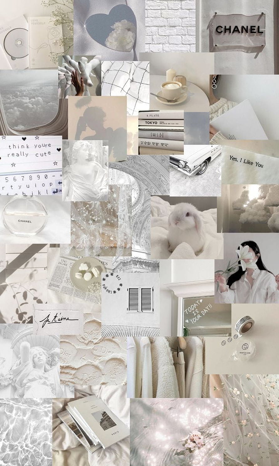 Soft White Aesthetic Collage Featuring Chanel, Vintage Cars, and Light Academia Elements HD phone wallpaper