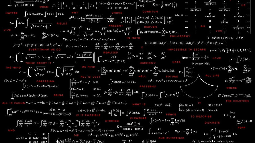 Aesthetic Mathematics Formula Art with Philosophical Text on Black Background HD wallpaper