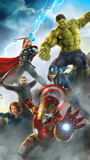 The Avengers Team Assembling with Iron Man, Thor, Hulk, Captain America, Hawkeye, and Black Widow in Action HD phone wallpaper