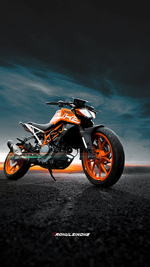 Orange KTM 390 Duke Motorcycle on Asphalt Road with Dramatic Sky HD phone wallpaper