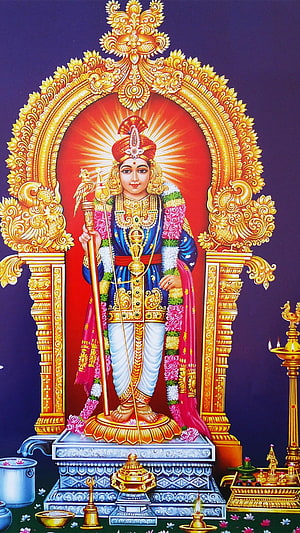 Lord Ayyappa Hindu Deity Wallpaper with Golden Arch and Sacred Offerings HD phone wallpaper