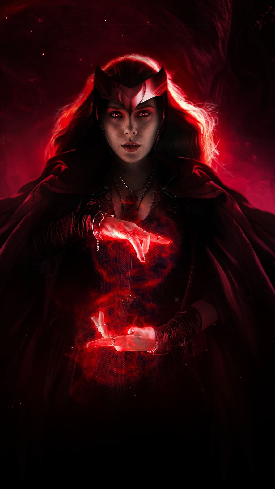 Scarlet Witch Channeling Dark Red Magic in Dramatic Cinematic Portrait HD phone wallpaper