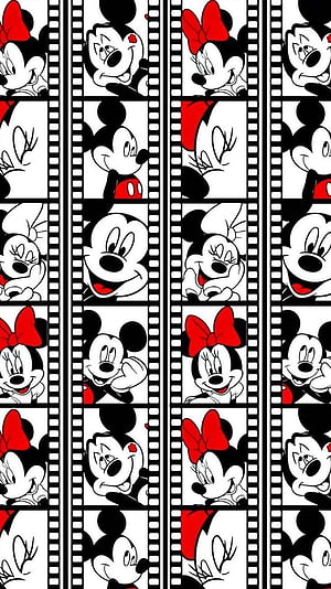 Mickey and Minnie Mouse Film Strip Pattern in Black White and Red HD phone wallpaper