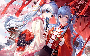 Genshin Impact Ayaka and Ganyu in Traditional Winter Attire Under Cherry Blossoms HD wallpaper