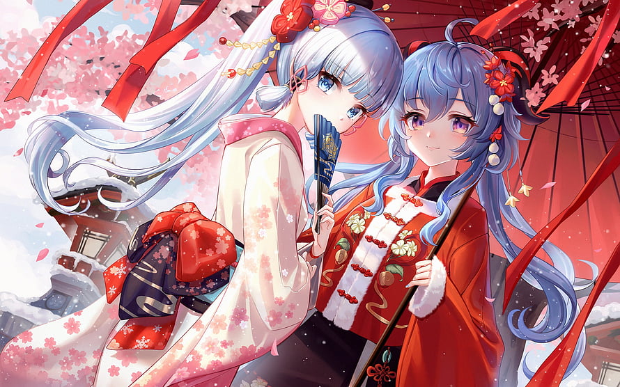 Genshin Impact Ayaka and Ganyu in Traditional Winter Attire Under Cherry Blossoms HD wallpaper