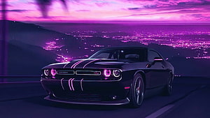 Dodge Challenger Demon in Neon Vaporwave Aesthetic with Purple Cityscape HD wallpaper
