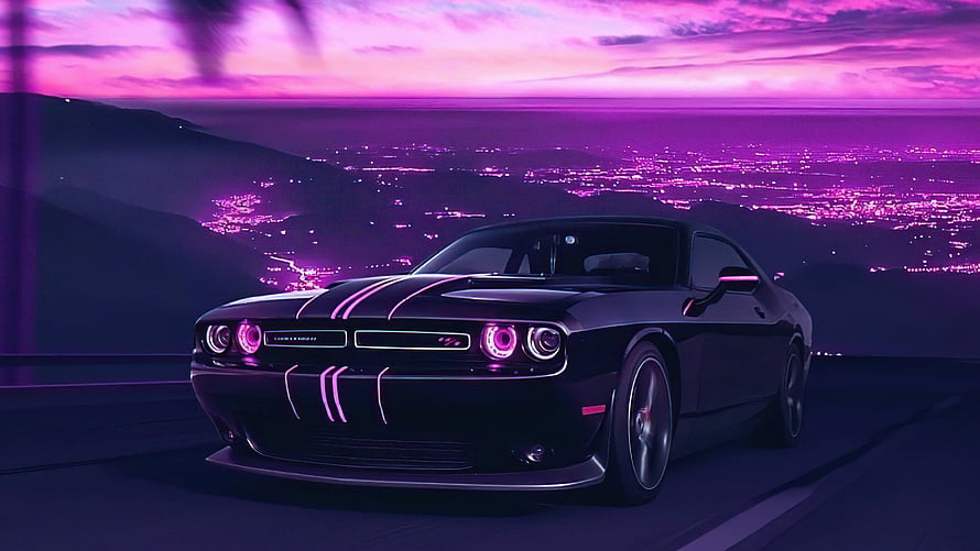 Dodge Challenger Demon in Neon Vaporwave Aesthetic with Purple Cityscape HD wallpaper