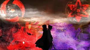 Uchiha Itachi and Sasuke Silhouettes with Sharingan and Rinnegan Symbols HD wallpaper