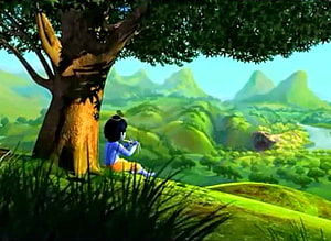 Little Krishna Playing Flute Under a Tree in a Lush Green Landscape HD wallpaper