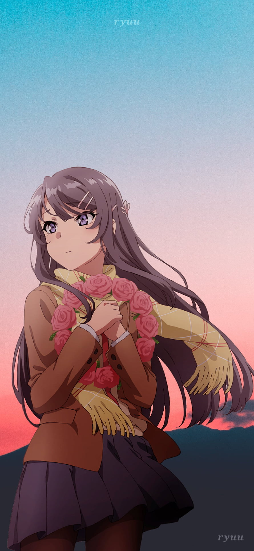 Mai Sakurajima from Bunny Girl Senpai Holding Roses at Sunset HD phone wallpaper