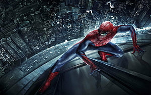 Spider-Man Crouched on Skyscraper Edge Over Nighttime Cityscape, Laptop - 3D Animated For Mobile HD wallpaper