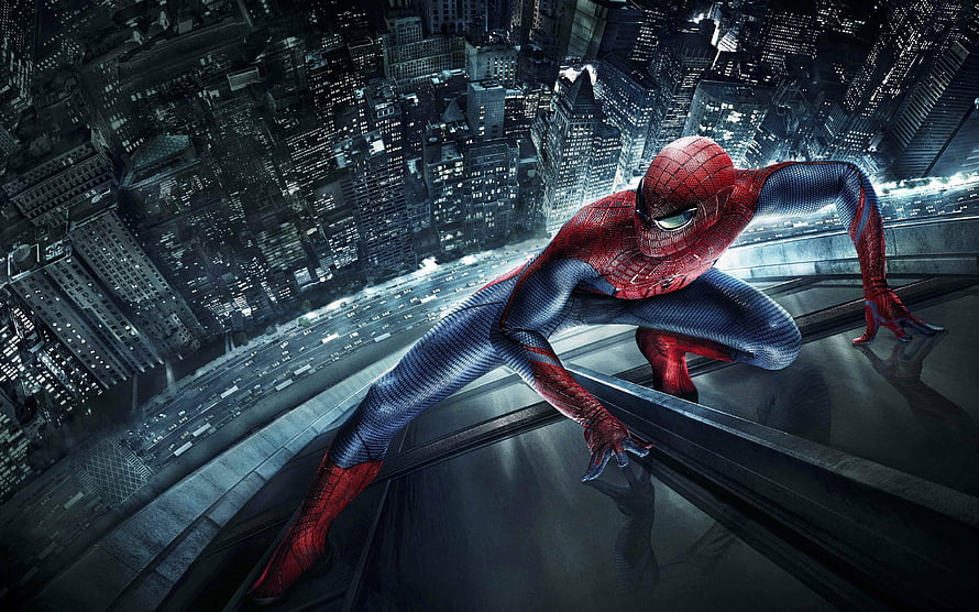 Spider-Man Crouched on Skyscraper Edge Over Nighttime Cityscape, Laptop - 3D Animated For Mobile HD wallpaper