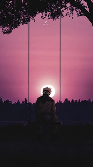 Naruto Uzumaki Silhouette on a Swing at Sunset with Pink Sky and Tree Branches HD phone wallpaper