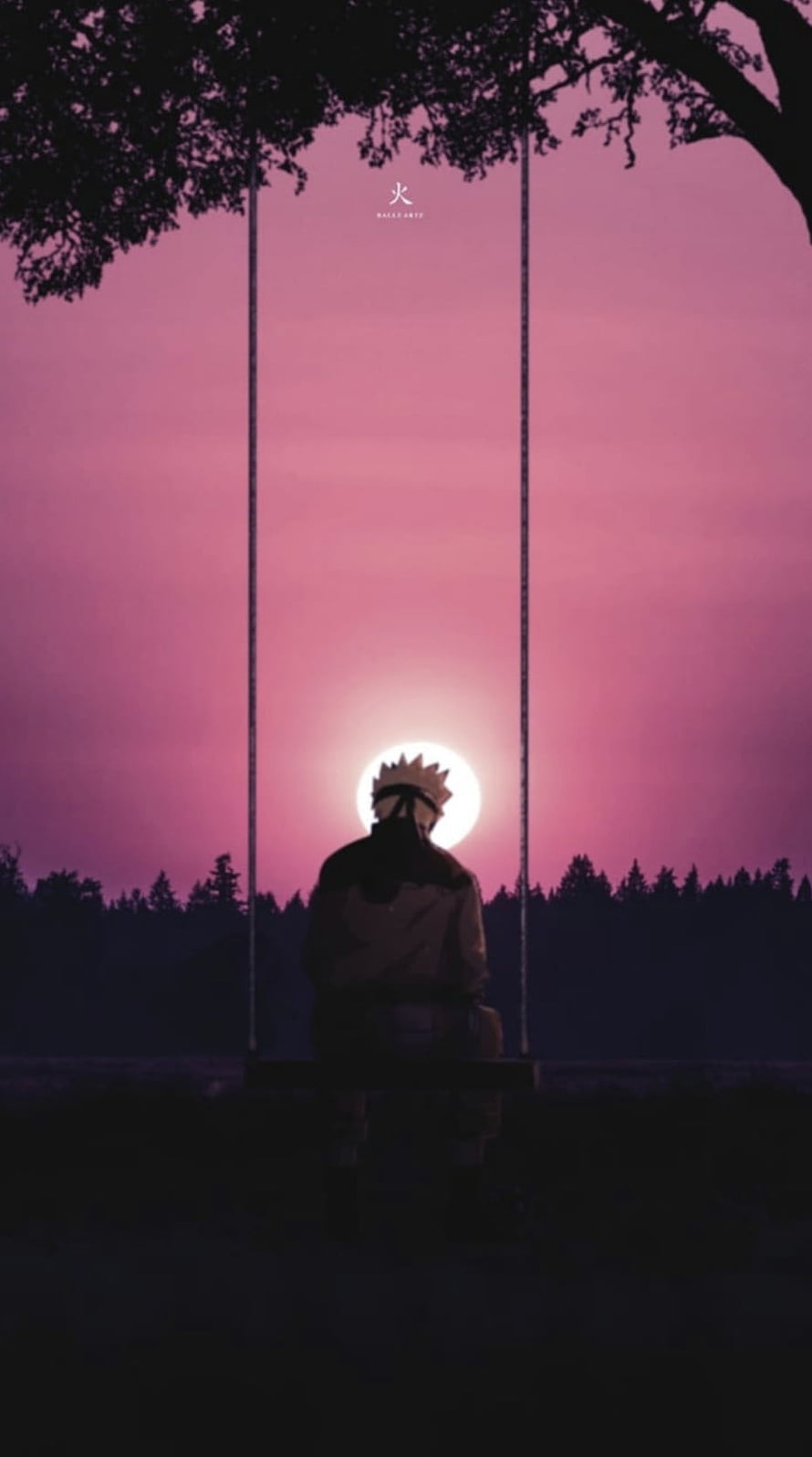 Naruto Uzumaki Silhouette on a Swing at Sunset with Pink Sky and Tree Branches HD phone wallpaper