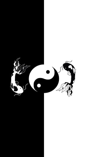 Minimalist Yin Yang Symbol with Koi Fish and Dragon Motifs in Black and White HD phone wallpaper