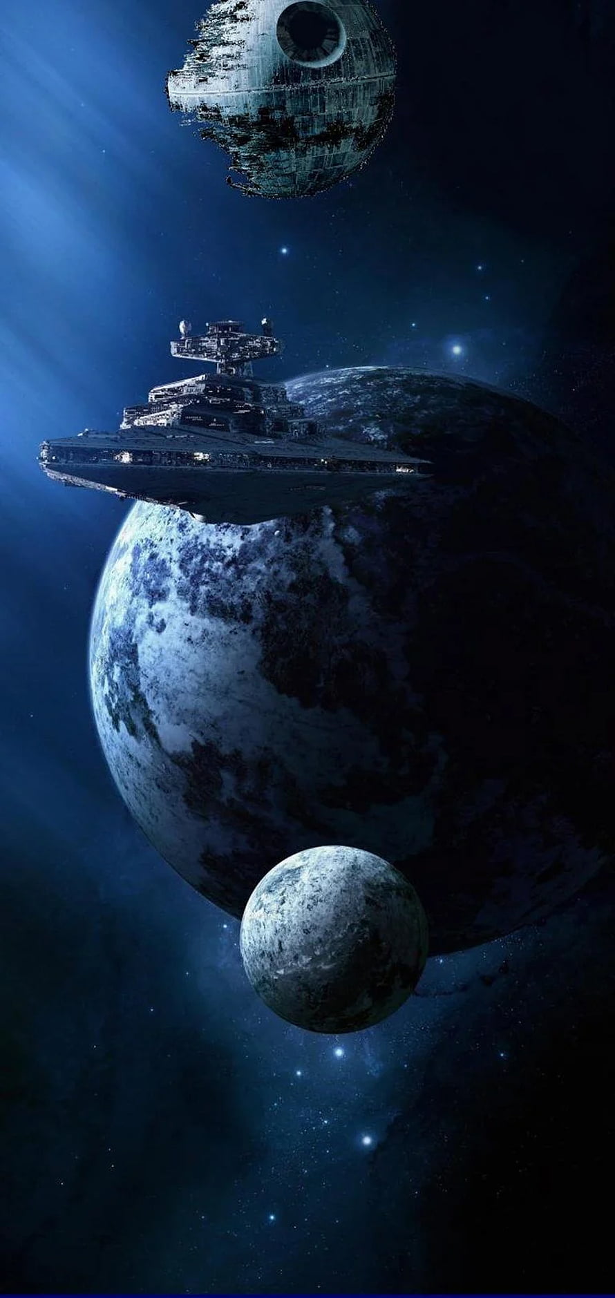 Star Wars Imperial Star Destroyer and Death Star Orbiting a Planet in Deep Space HD phone wallpaper