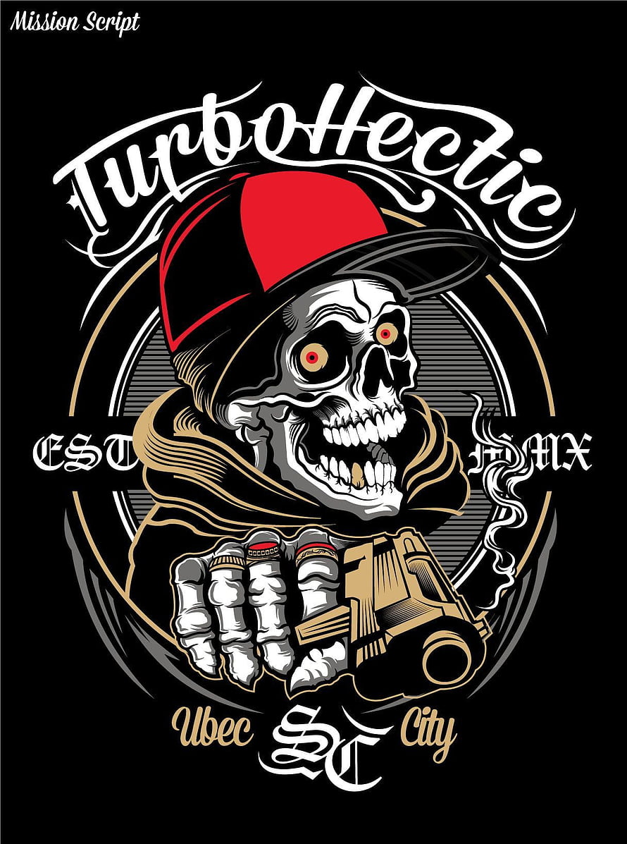 TurboHectic Skull Illustration with Red Cap and Pistol on Black Background HD phone wallpaper