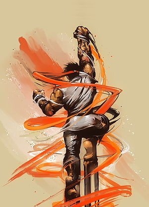 Ryu from Street Fighter in Dynamic Martial Arts Pose with Orange Energy Trails HD phone wallpaper