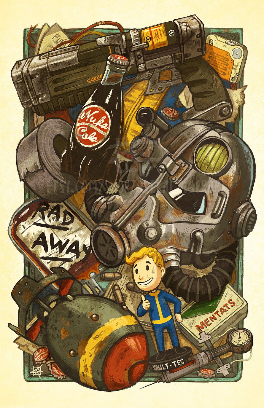 Fallout Vault Boy with Nuka Cola, Pip-Boy, and Wasteland Gear Illustration HD phone wallpaper