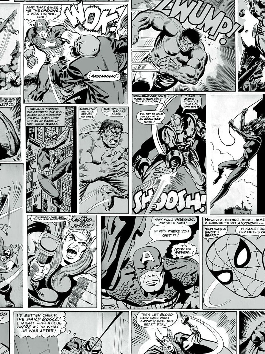 Black and white comic book page featuring Captain America, Hulk, Spider-Man, Thor, and Iron Man in action, Marvel Comic Strip Black and White Muriva. Comic book , Marvel comics artwork, Black and white comics HD phone wallpaper