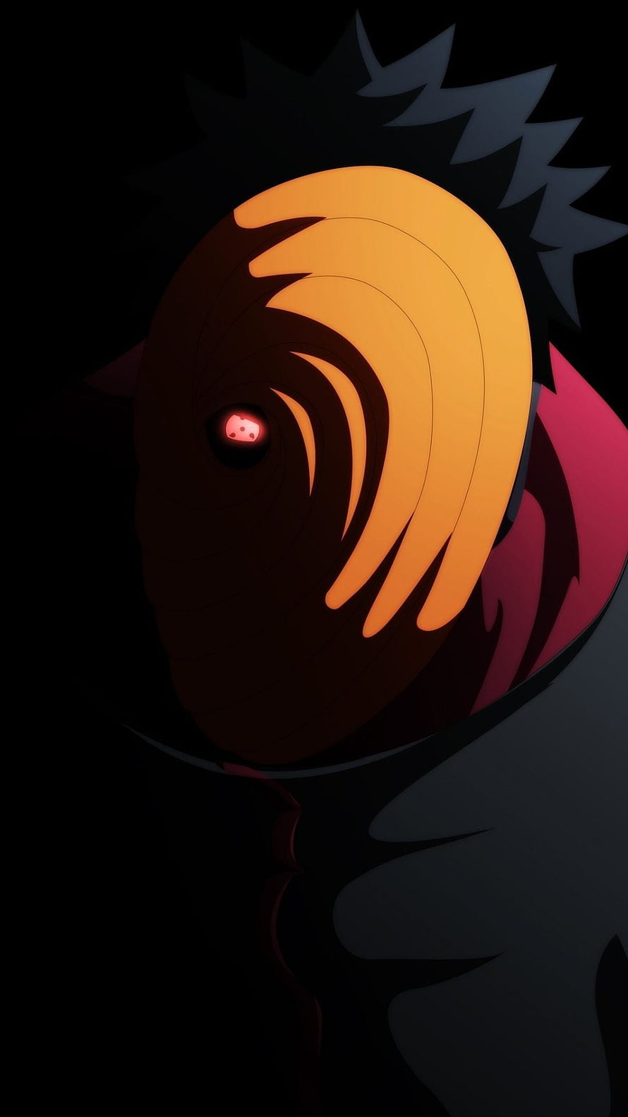 Obito Uchiha Wearing Orange Mask with Glowing Red Sharingan Eye in Dark Shadow HD phone wallpaper