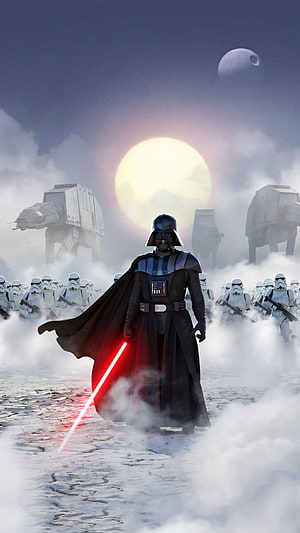 Darth Vader with Red Lightsaber Leading Imperial Army and AT-AT Walkers on a Misty Battlefield HD phone wallpaper