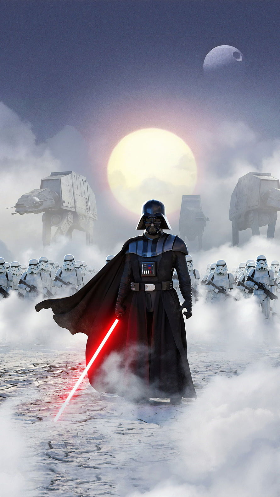 Darth Vader with Red Lightsaber Leading Imperial Army and AT-AT Walkers on a Misty Battlefield HD phone wallpaper