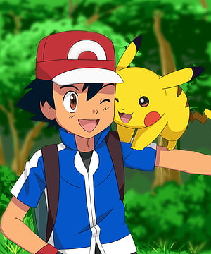Ash and Pikachu in a Lush Green Forest HD phone wallpaper