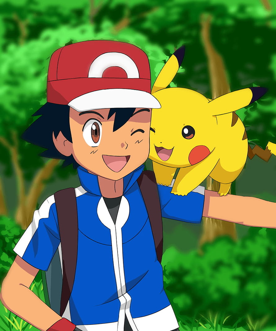 Ash and Pikachu in a Lush Green Forest HD phone wallpaper