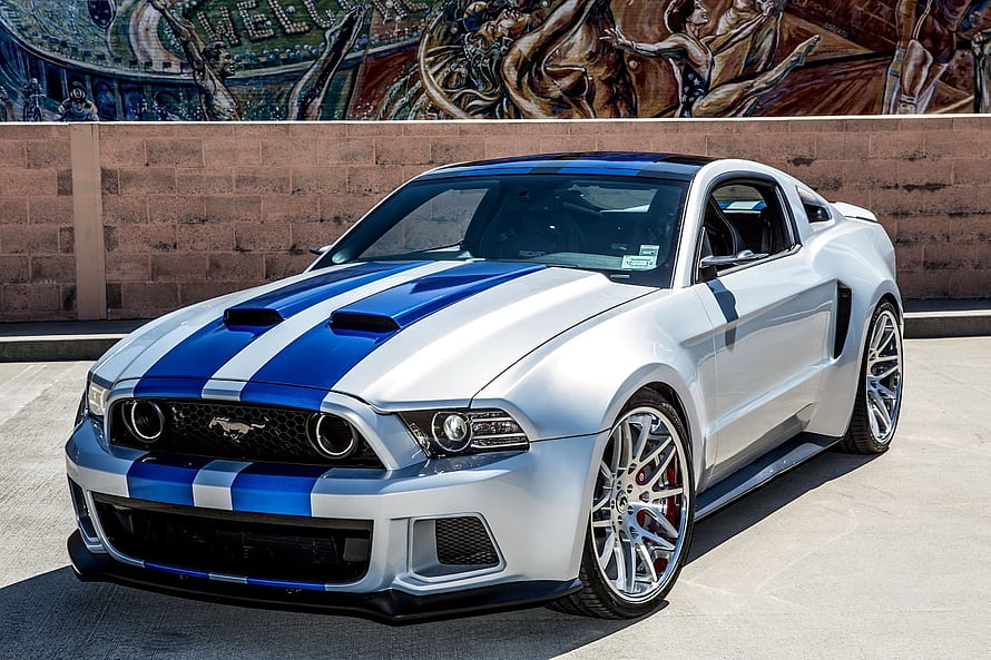 Silver Ford Mustang Shelby GT500 with Blue Racing Stripes and Custom Alloy Wheels HD wallpaper