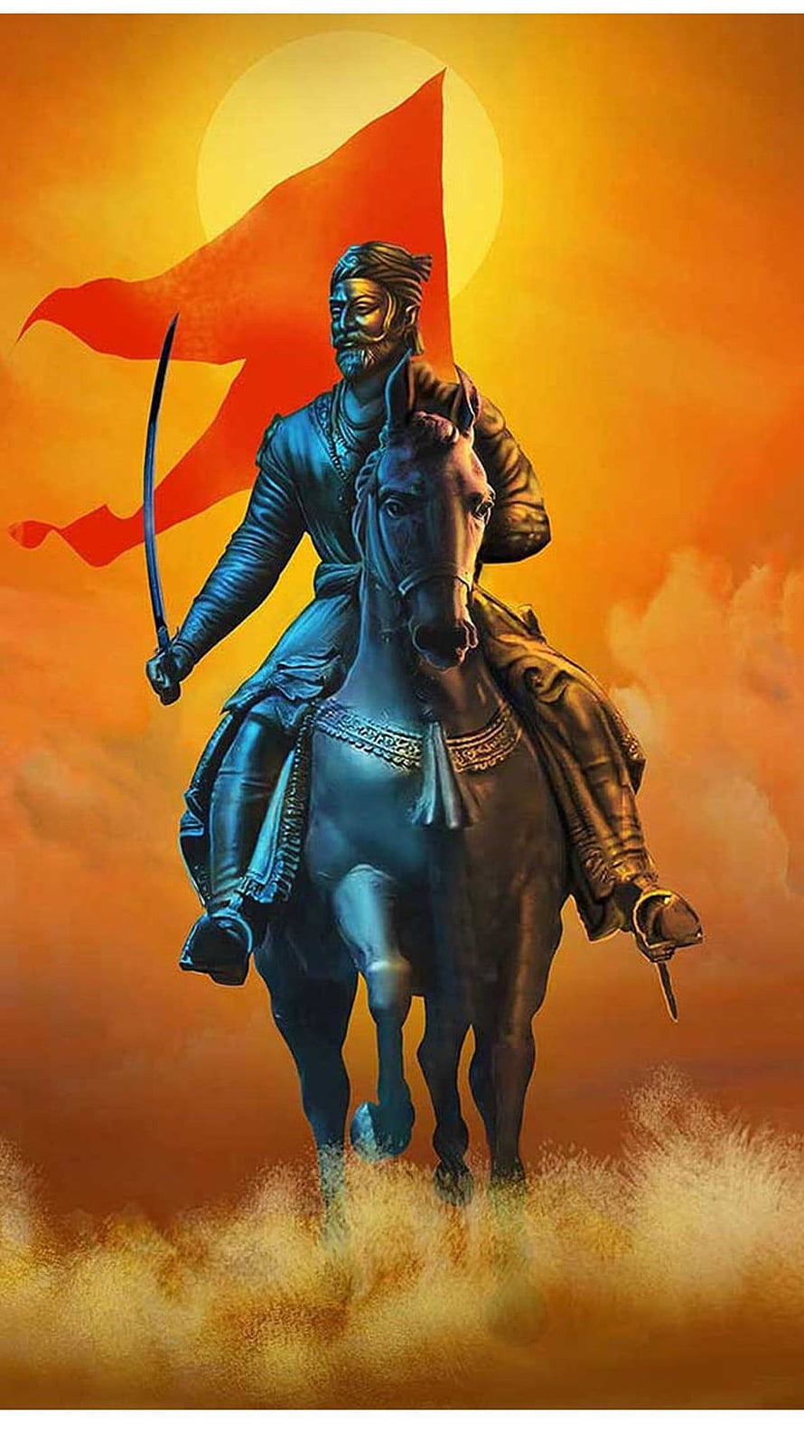 Mughal Emperor Aurangzeb on Horseback with Red Flag and Sword HD phone wallpaper