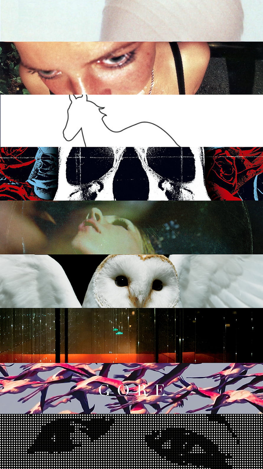 Deftones GORE Album Artwork Collage with Owl, Horse Line Art, and Abstract Visuals HD phone wallpaper