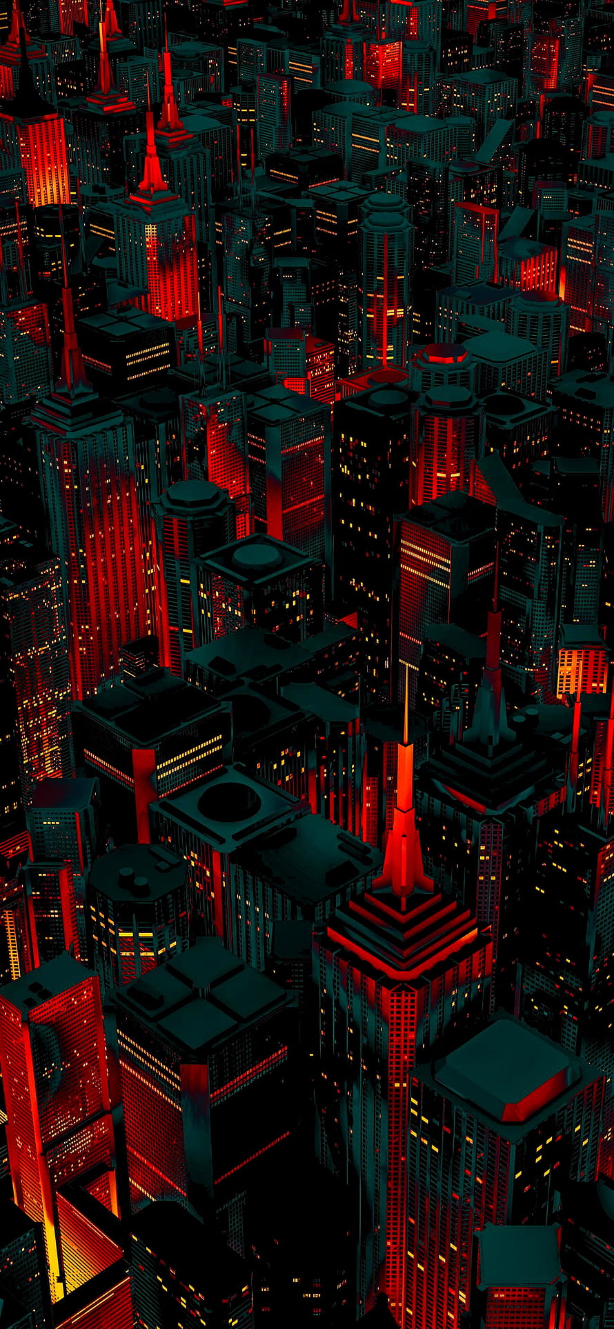 Futuristic Cyberpunk Cityscape with Neon Red and Blue Skyscrapers at Night HD phone wallpaper
