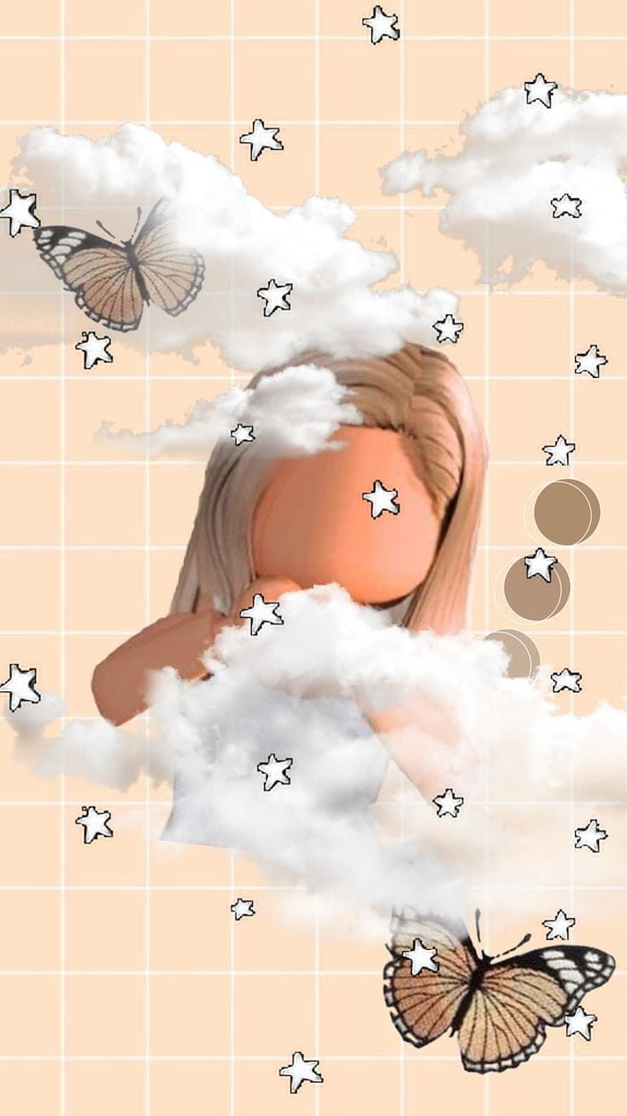 Aesthetic Roblox Girl Profile With Clouds, Stars, and Butterflies on Peach Grid Background HD phone wallpaper