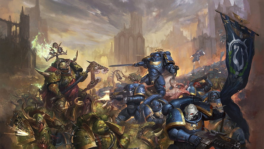 Warhammer 40k Ultramarines and Chaos Space Marines in Epic Battle Artwork HD wallpaper