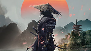 Samurai Warrior in Traditional Armor with Straw Hat Against a Red Sunset and Pagoda HD wallpaper