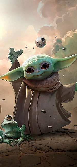 Baby Yoda Using The Force To Levitate A Rock With A Frog Watching HD phone wallpaper