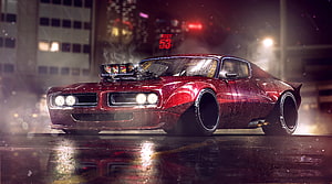 Red Dodge Charger Muscle Car with Supercharger in Rainy Night Cityscape HD wallpaper