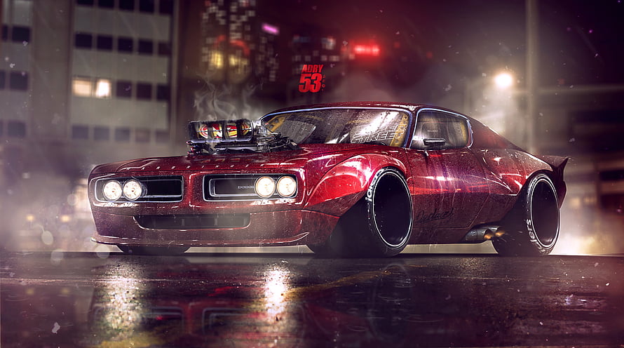 Red Dodge Charger Muscle Car with Supercharger in Rainy Night Cityscape HD wallpaper
