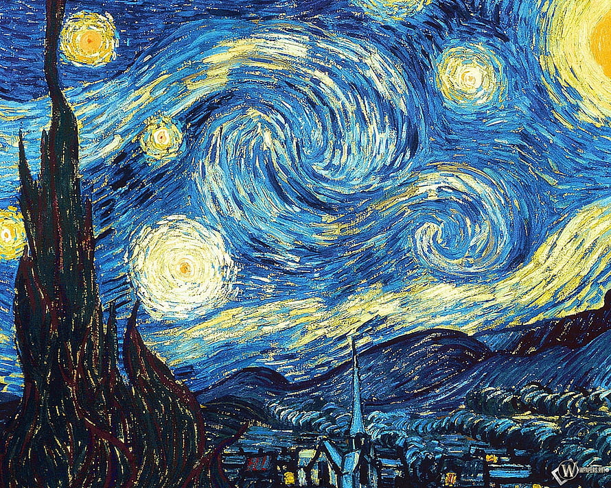 The Starry Night by Vincent van Gogh - Iconic Post-Impressionist Painting with Swirling Sky and Village HD wallpaper