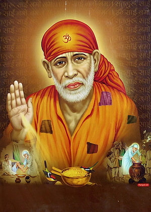 Sai Baba Portrait in Orange Robe with Om Symbol and Devotional Scenes HD phone wallpaper