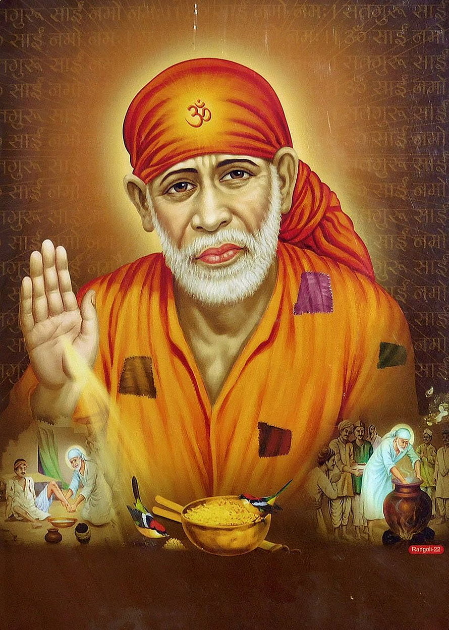 Sai Baba Portrait in Orange Robe with Om Symbol and Devotional Scenes HD phone wallpaper