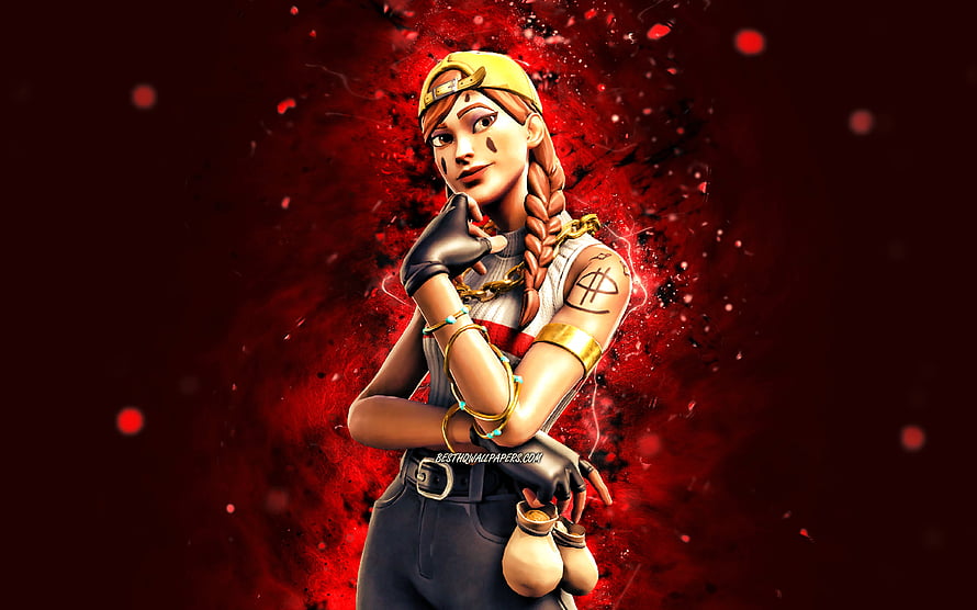 Aura Fortnite Character Skin with Red Smoke Background and Gold Accessories HD wallpaper