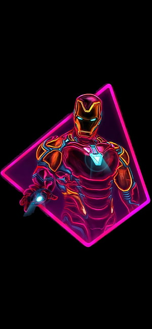 Neon Iron Man Portrait in Glowing Pink Diamond Frame, Neon Iron Man Amoled Vivo S1 Prime, Amoled Superhero HD phone wallpaper