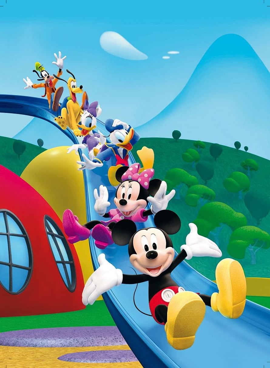 Mickey Mouse and Friends Sliding Down a Blue Slide in a Colorful Cartoon Landscape HD phone wallpaper