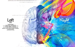 Left Brain Right Brain Infographic: Analytical Logic vs Creative Imagination with Saxophone and Music Notes HD wallpaper